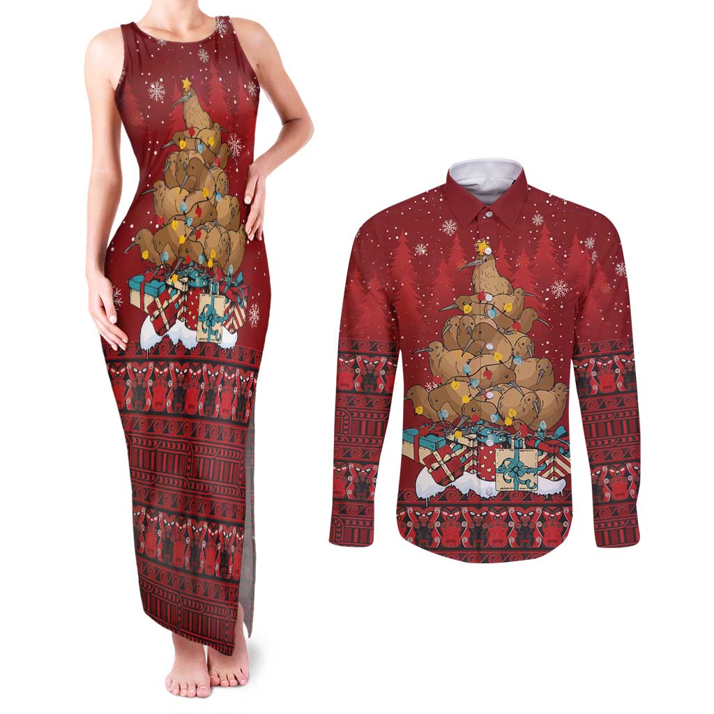 Funny Kiwi Bird Xmas Tree Couples Matching Tank Maxi Dress and Long Sleeve Button Shirt New Zealand Tribal Christmas Spirit - Aussie Hoodie