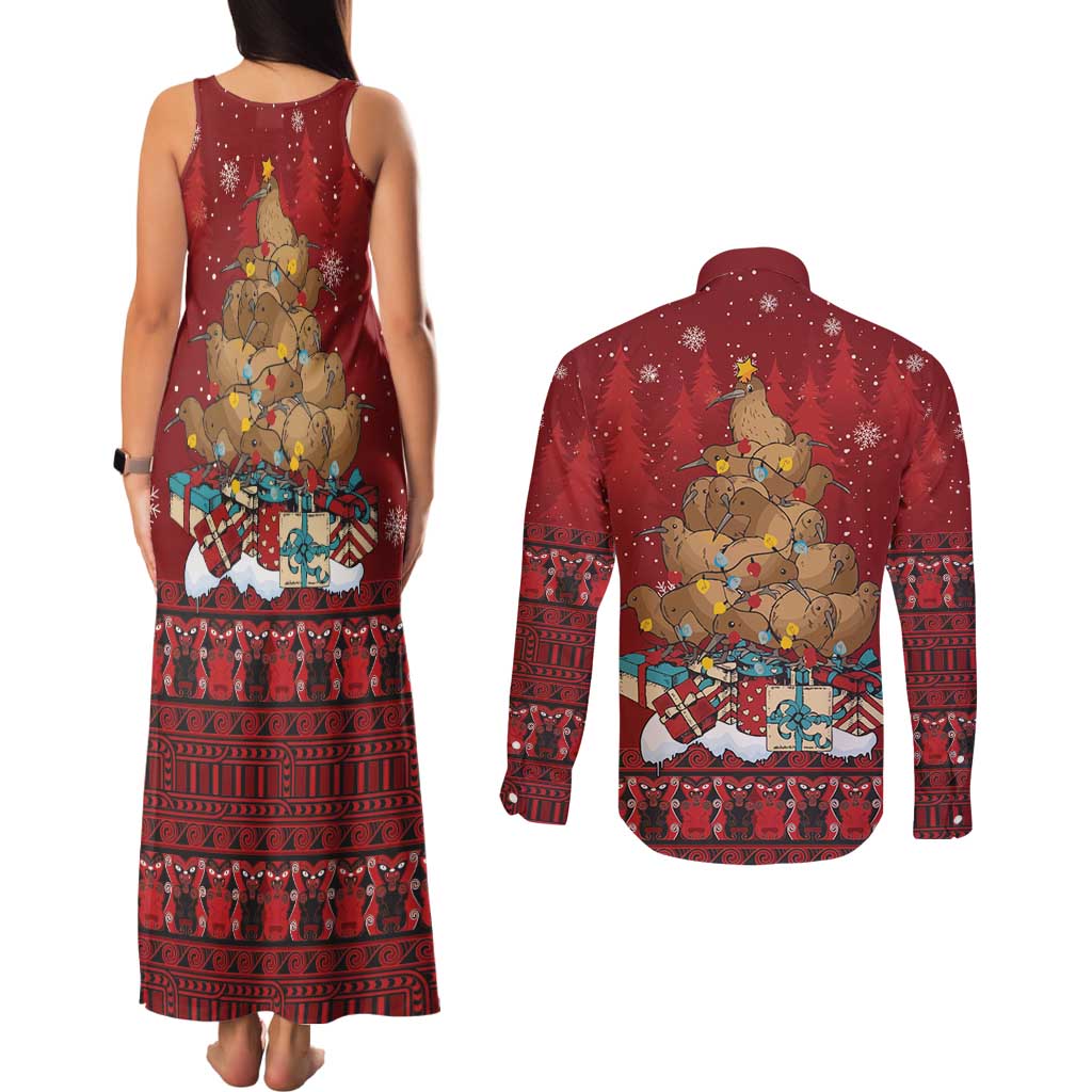 Funny Kiwi Bird Xmas Tree Couples Matching Tank Maxi Dress and Long Sleeve Button Shirt New Zealand Tribal Christmas Spirit - Aussie Hoodie