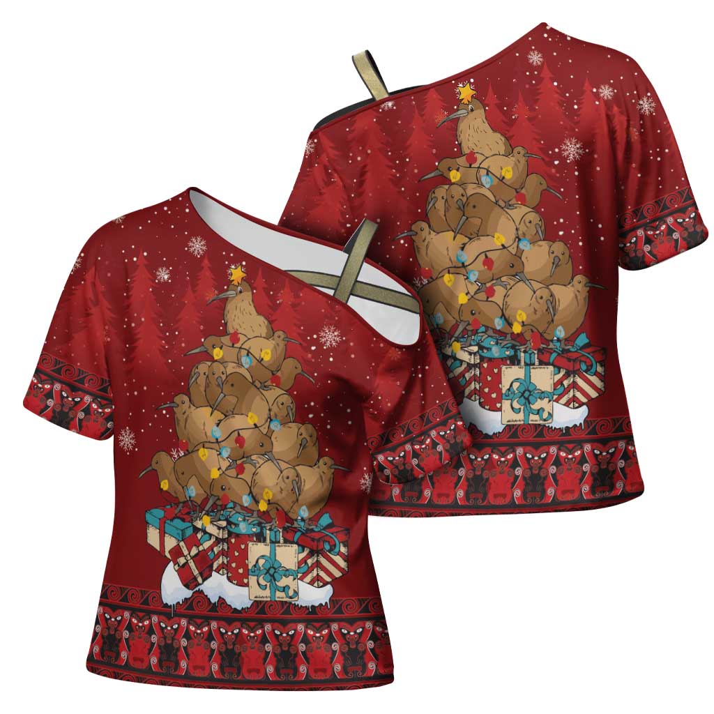 Funny Kiwi Bird Xmas Tree Cross Shoulder Shirt New Zealand Tribal Christmas Spirit - Aussie Hoodie