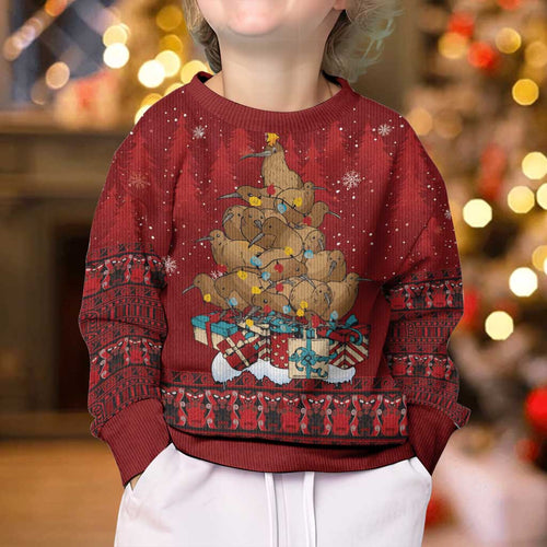 Funny Kiwi Bird Xmas Tree Kid Ugly Christmas Sweater New Zealand Tribal Christmas Spirit - Aussie Hoodie
