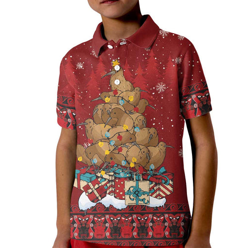 Funny Kiwi Bird Xmas Tree Kid Polo Shirt New Zealand Tribal Christmas Spirit - Aussie Hoodie