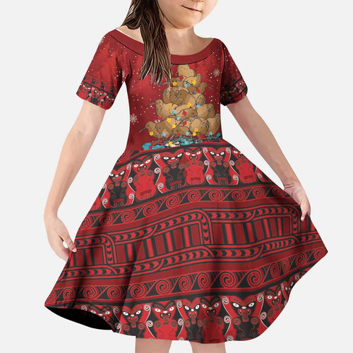 Funny Kiwi Bird Xmas Tree Kid Short Sleeve Dress New Zealand Tribal Christmas Spirit - Aussie Hoodie