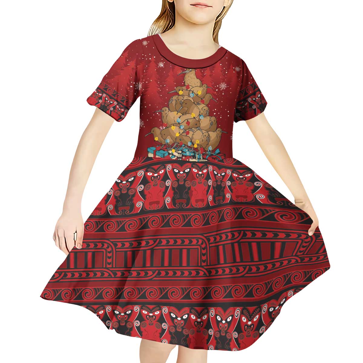 Funny Kiwi Bird Xmas Tree Kid Short Sleeve Dress New Zealand Tribal Christmas Spirit - Aussie Hoodie