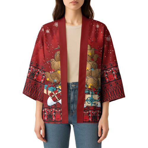 Funny Kiwi Bird Xmas Tree Kimono New Zealand Tribal Christmas Spirit - Aussie Hoodie