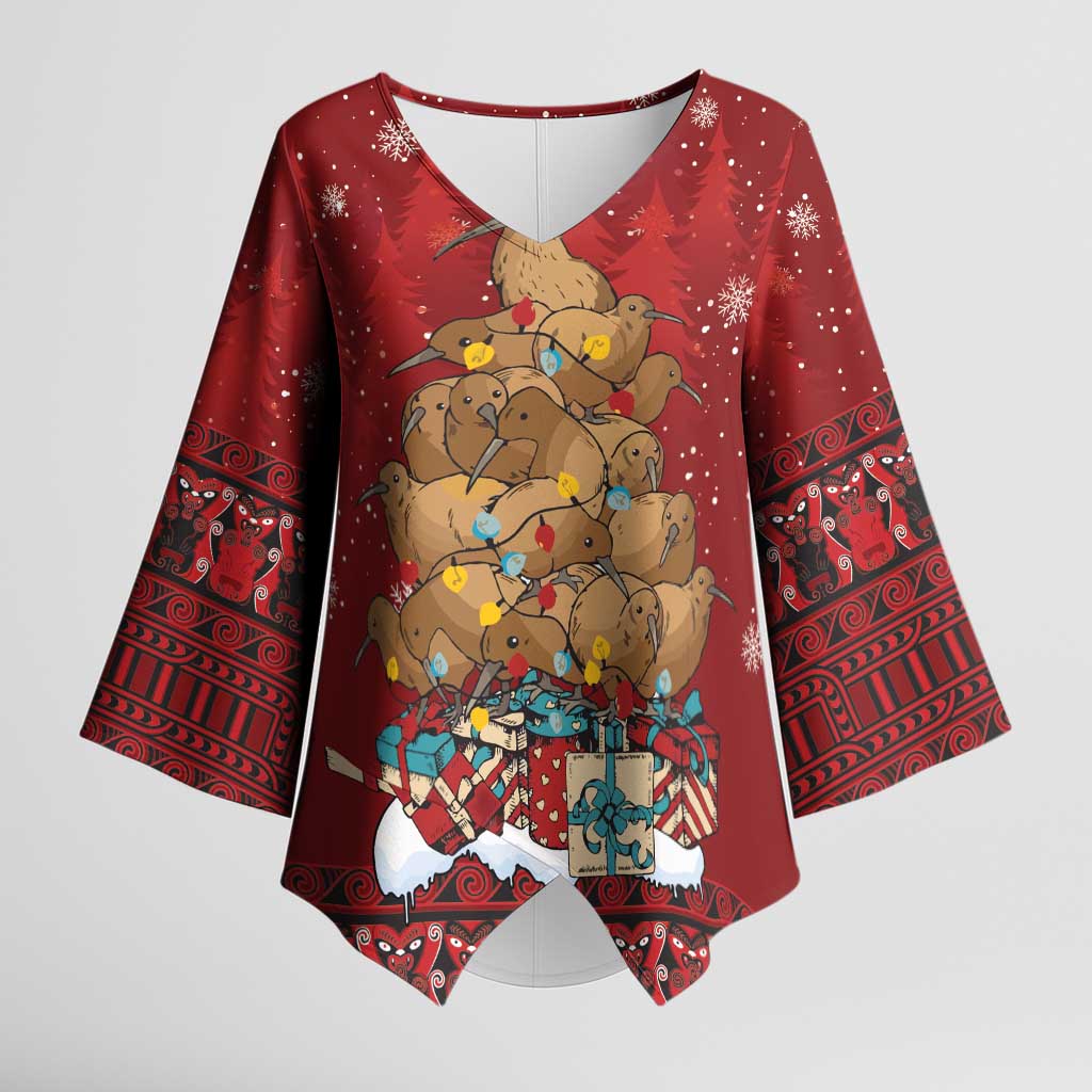 Funny Kiwi Bird Xmas Tree Kimono Sleeve Blouse New Zealand Tribal Christmas Spirit - Aussie Hoodie