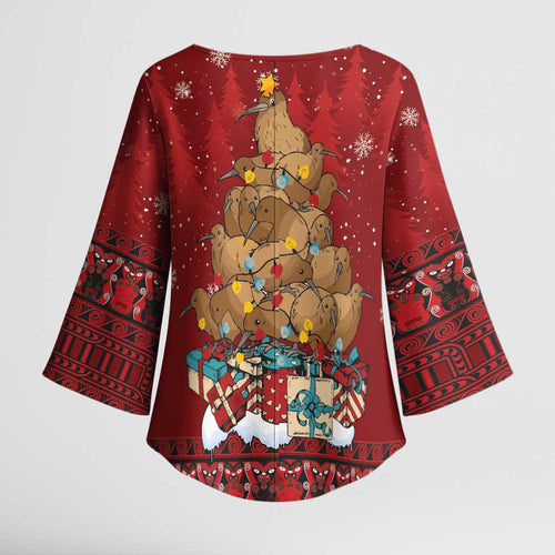 Funny Kiwi Bird Xmas Tree Kimono Sleeve Blouse New Zealand Tribal Christmas Spirit - Aussie Hoodie