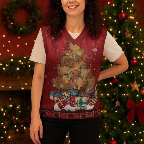 Funny Kiwi Bird Xmas Tree Christmas Knitted V-Neck Vest New Zealand Tribal Christmas Spirit - Aussie Hoodie