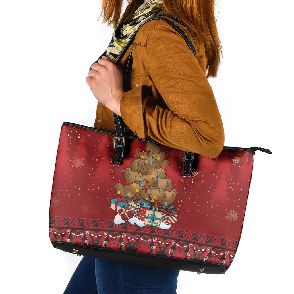 Funny Kiwi Bird Xmas Tree Leather Tote Bag New Zealand Tribal Christmas Spirit - Aussie Hoodie