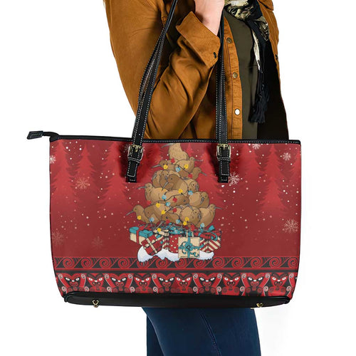 Funny Kiwi Bird Xmas Tree Leather Tote Bag New Zealand Tribal Christmas Spirit - Aussie Hoodie