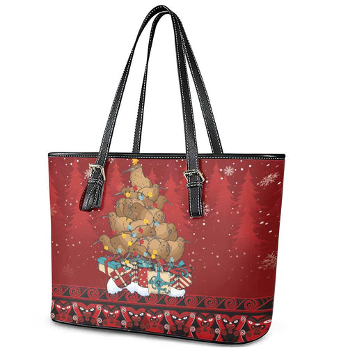 Funny Kiwi Bird Xmas Tree Leather Tote Bag New Zealand Tribal Christmas Spirit - Aussie Hoodie