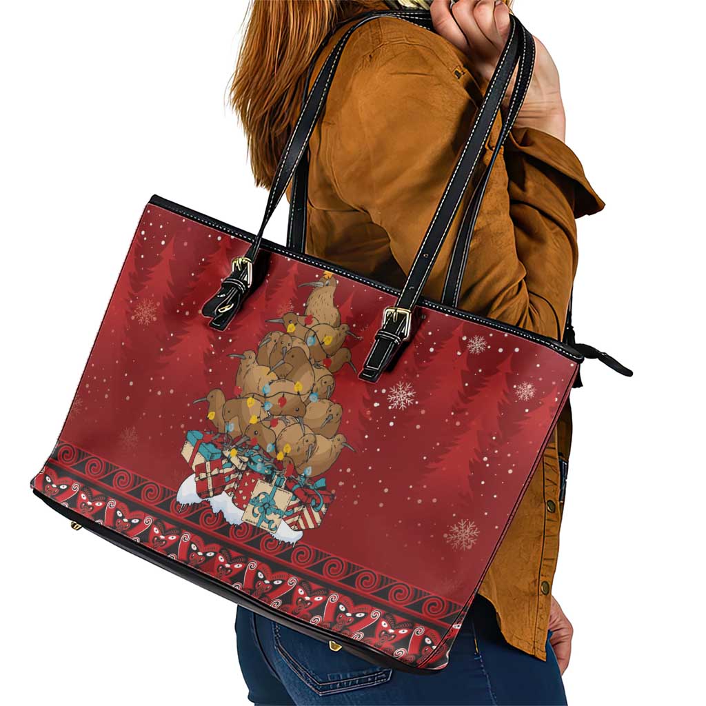 Funny Kiwi Bird Xmas Tree Leather Tote Bag New Zealand Tribal Christmas Spirit - Aussie Hoodie