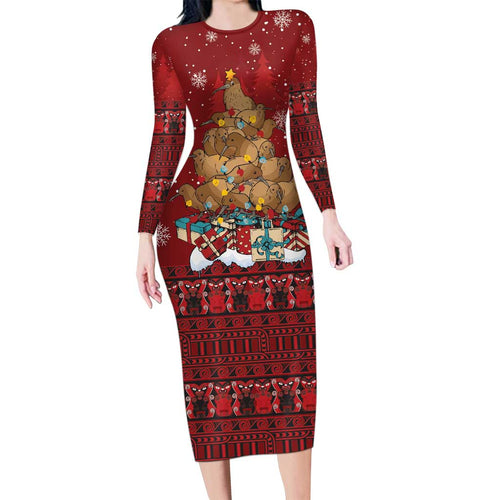 Funny Kiwi Bird Xmas Tree Long Sleeve Bodycon Dress New Zealand Tribal Christmas Spirit - Aussie Hoodie