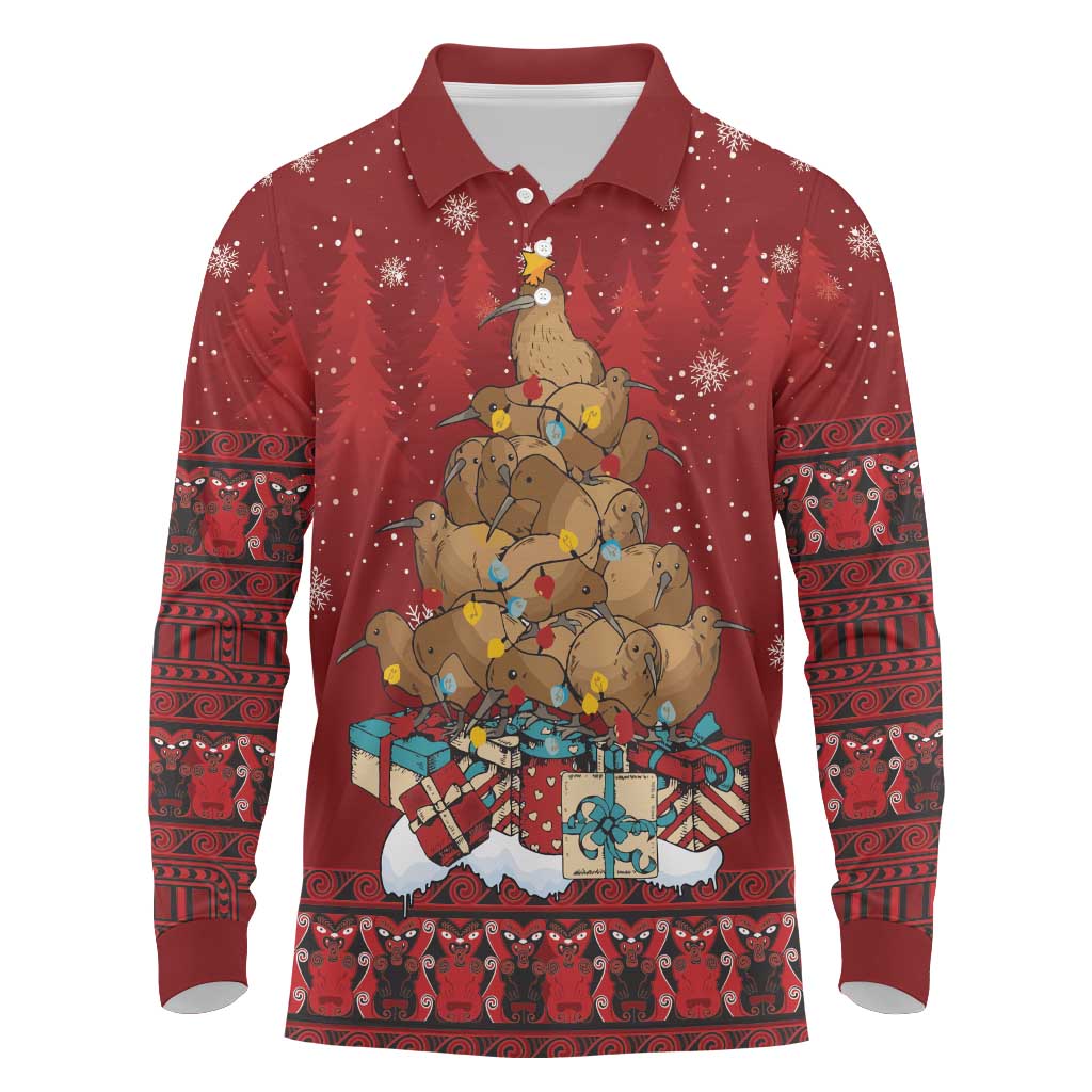 Funny Kiwi Bird Xmas Tree Long Sleeve Polo Shirt New Zealand Tribal Christmas Spirit - Aussie Hoodie