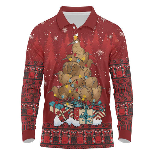 Funny Kiwi Bird Xmas Tree Long Sleeve Polo Shirt New Zealand Tribal Christmas Spirit - Aussie Hoodie