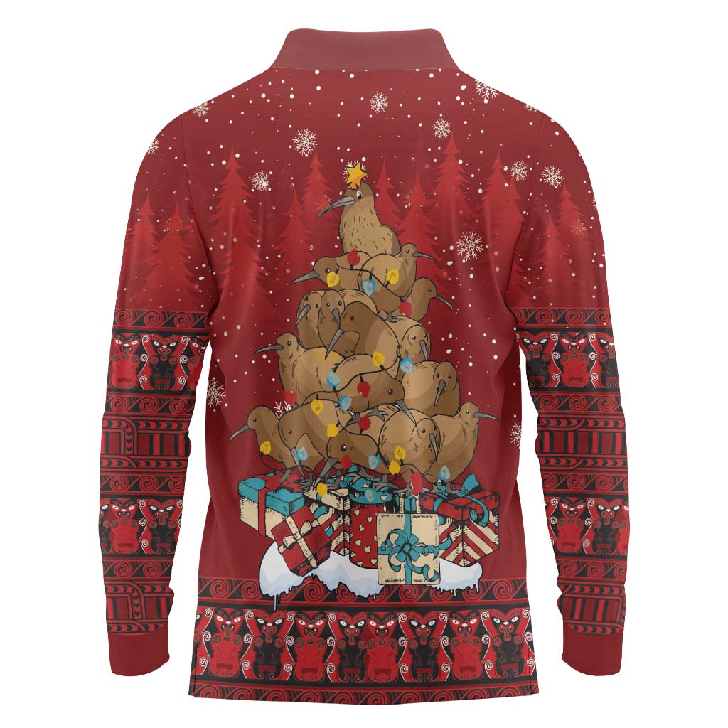Funny Kiwi Bird Xmas Tree Long Sleeve Polo Shirt New Zealand Tribal Christmas Spirit - Aussie Hoodie