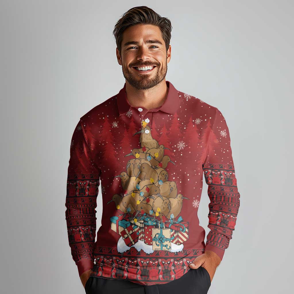 Funny Kiwi Bird Xmas Tree Long Sleeve Polo Shirt New Zealand Tribal Christmas Spirit - Aussie Hoodie