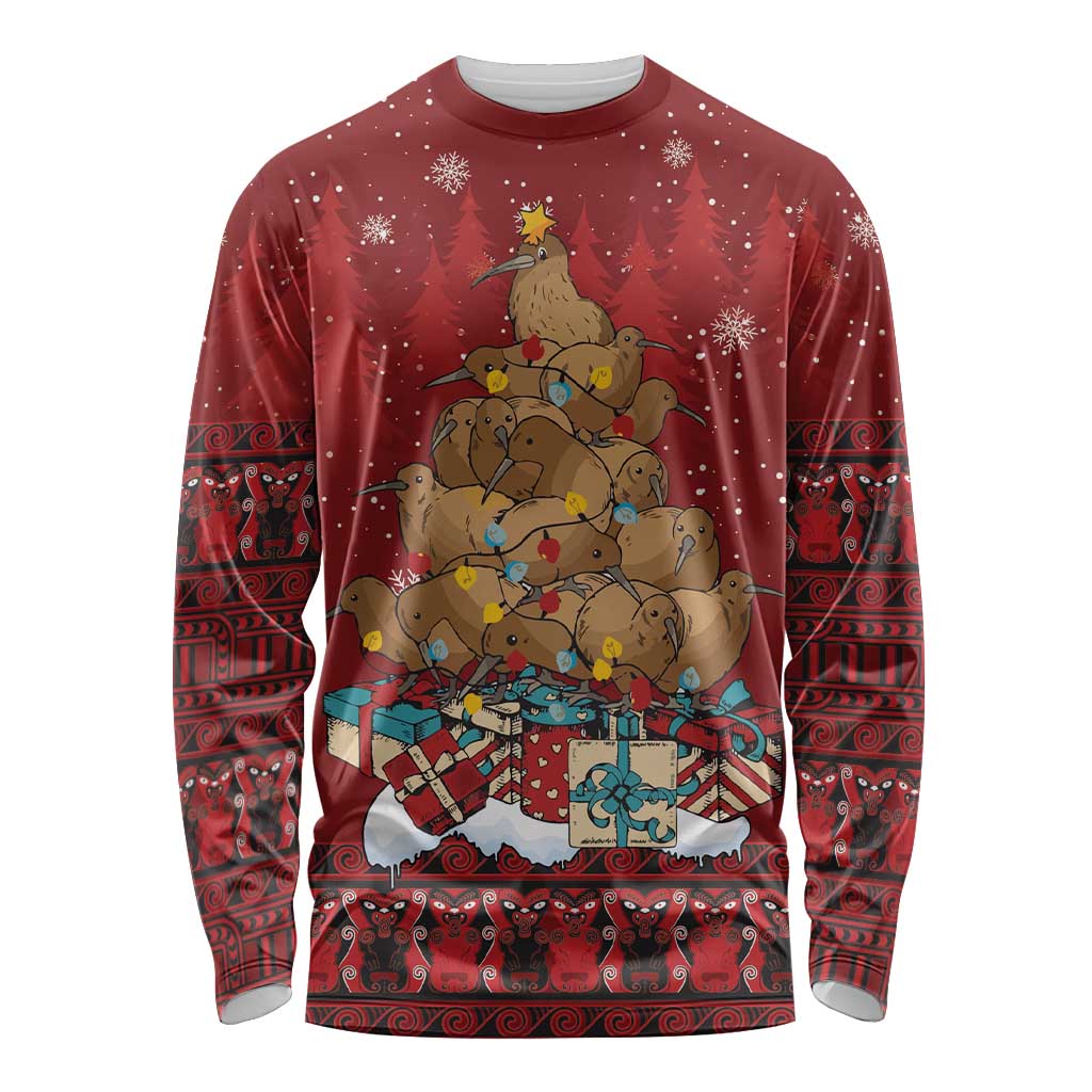 Funny Kiwi Bird Xmas Tree Long Sleeve Shirt New Zealand Tribal Christmas Spirit - Aussie Hoodie