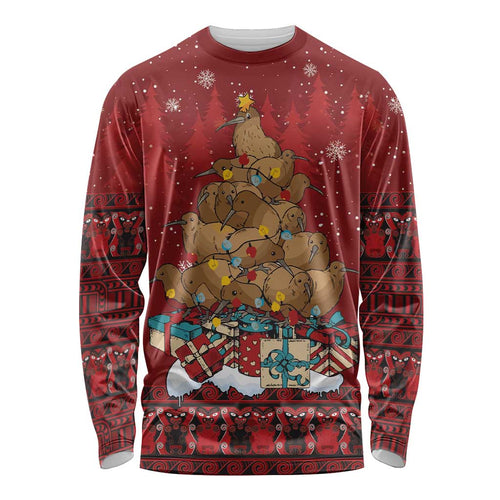 Funny Kiwi Bird Xmas Tree Long Sleeve Shirt New Zealand Tribal Christmas Spirit - Aussie Hoodie