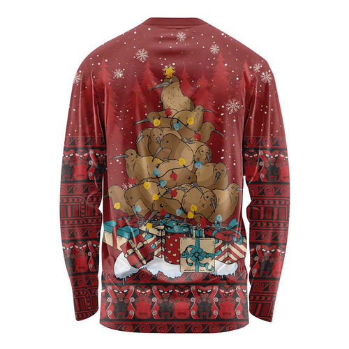 Funny Kiwi Bird Xmas Tree Long Sleeve Shirt New Zealand Tribal Christmas Spirit - Aussie Hoodie
