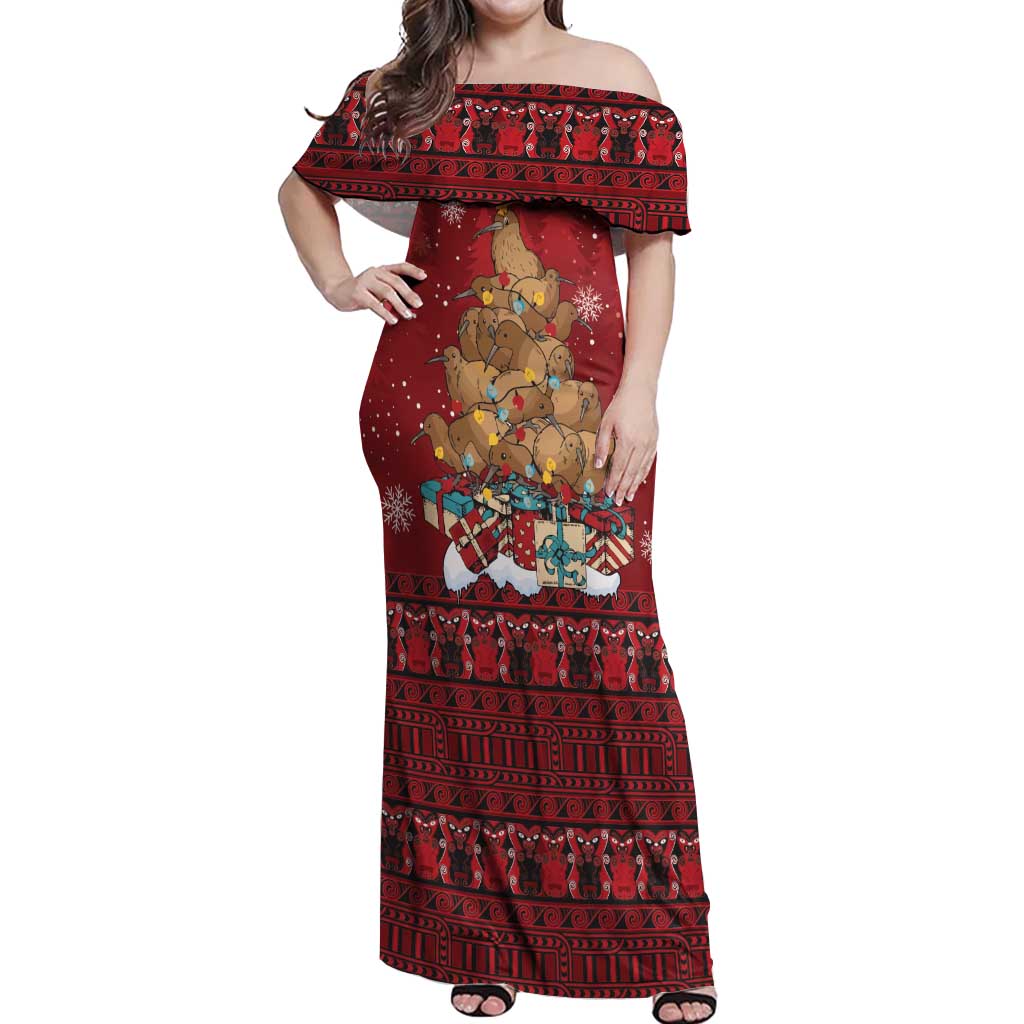 Funny Kiwi Bird Xmas Tree Off Shoulder Maxi Dress New Zealand Tribal Christmas Spirit - Aussie Hoodie