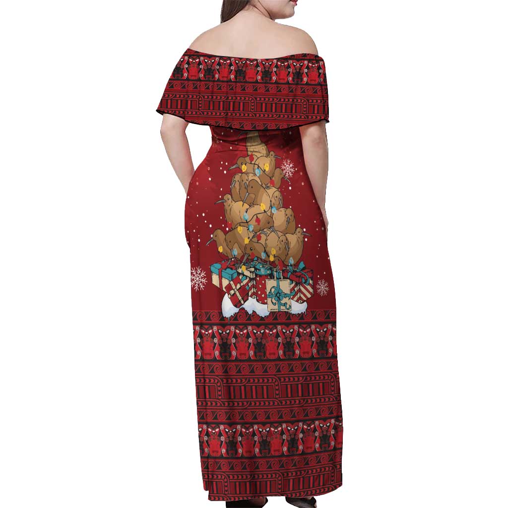 Funny Kiwi Bird Xmas Tree Off Shoulder Maxi Dress New Zealand Tribal Christmas Spirit - Aussie Hoodie