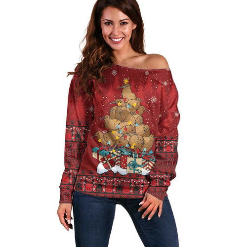 Funny Kiwi Bird Xmas Tree Off Shoulder Sweater New Zealand Tribal Christmas Spirit - Aussie Hoodie