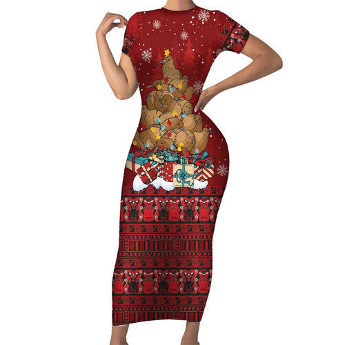 Funny Kiwi Bird Xmas Tree Short Sleeve Bodycon Dress New Zealand Tribal Christmas Spirit - Aussie Hoodie
