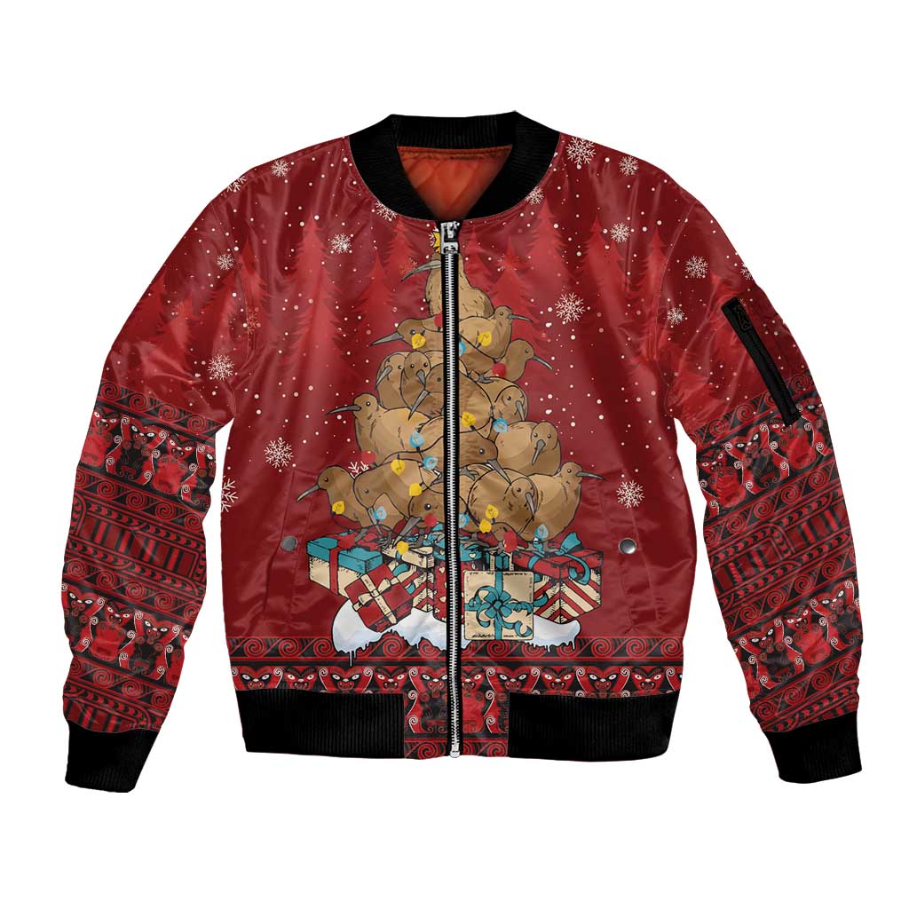 Funny Kiwi Bird Xmas Tree Sleeve Zip Bomber Jacket New Zealand Tribal Christmas Spirit - Aussie Hoodie