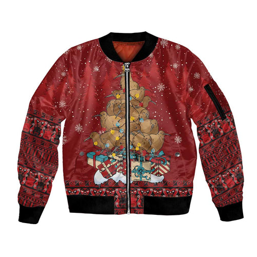 Funny Kiwi Bird Xmas Tree Sleeve Zip Bomber Jacket New Zealand Tribal Christmas Spirit - Aussie Hoodie