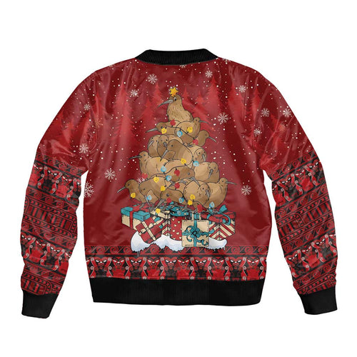 Funny Kiwi Bird Xmas Tree Sleeve Zip Bomber Jacket New Zealand Tribal Christmas Spirit - Aussie Hoodie
