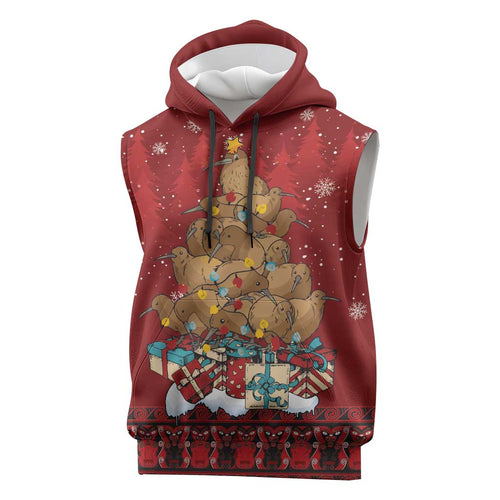 Funny Kiwi Bird Xmas Tree Sleeveless Hoodie New Zealand Tribal Christmas Spirit - Aussie Hoodie