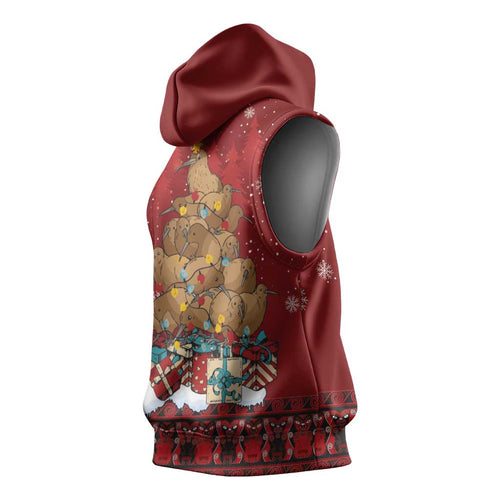 Funny Kiwi Bird Xmas Tree Sleeveless Hoodie New Zealand Tribal Christmas Spirit - Aussie Hoodie