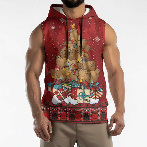 Funny Kiwi Bird Xmas Tree Sleeveless Hoodie New Zealand Tribal Christmas Spirit - Aussie Hoodie