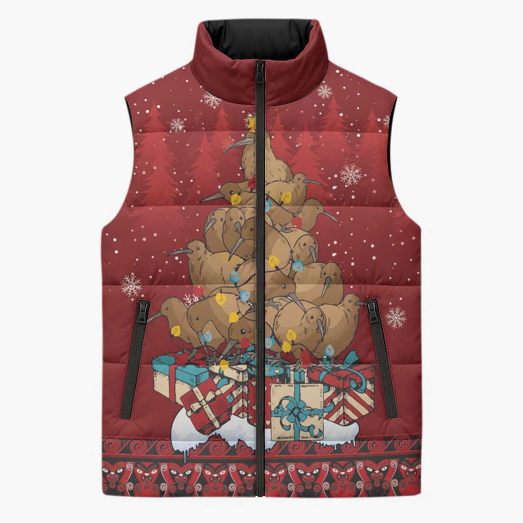 Funny Kiwi Bird Xmas Tree Sleeveless Puffer Jacket New Zealand Tribal Christmas Spirit - Aussie Hoodie