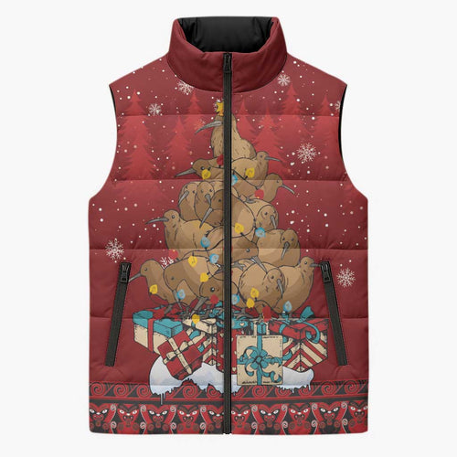 Funny Kiwi Bird Xmas Tree Sleeveless Puffer Jacket New Zealand Tribal Christmas Spirit - Aussie Hoodie
