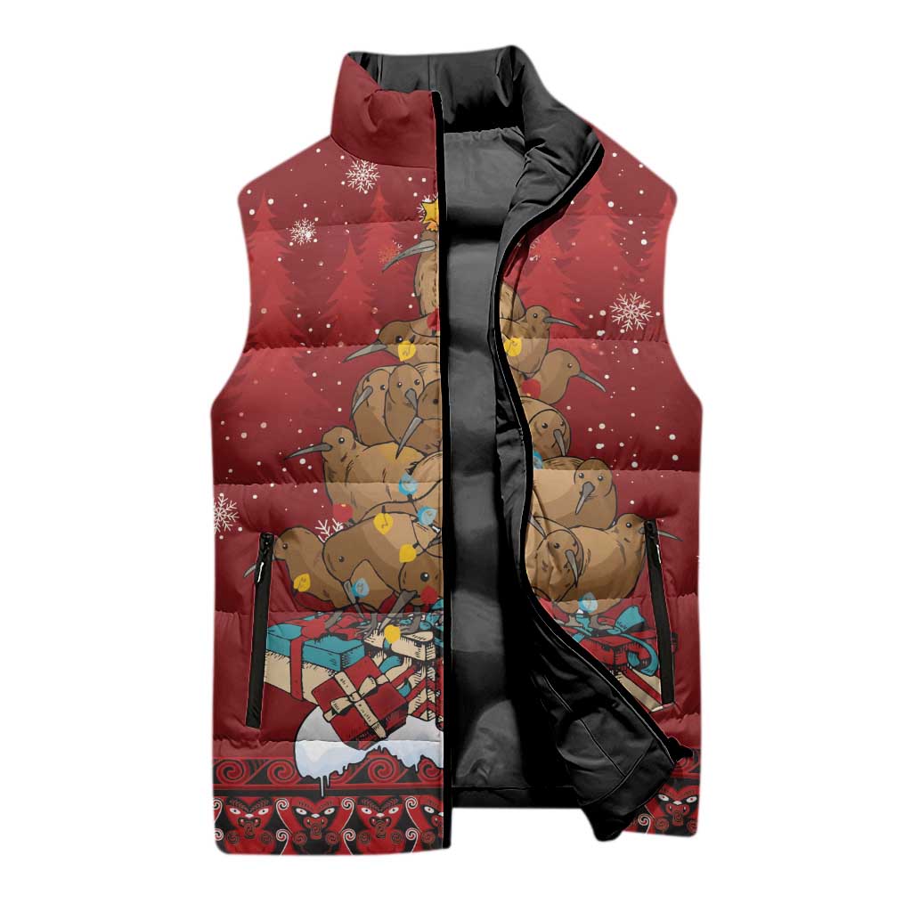 Funny Kiwi Bird Xmas Tree Sleeveless Puffer Jacket New Zealand Tribal Christmas Spirit - Aussie Hoodie