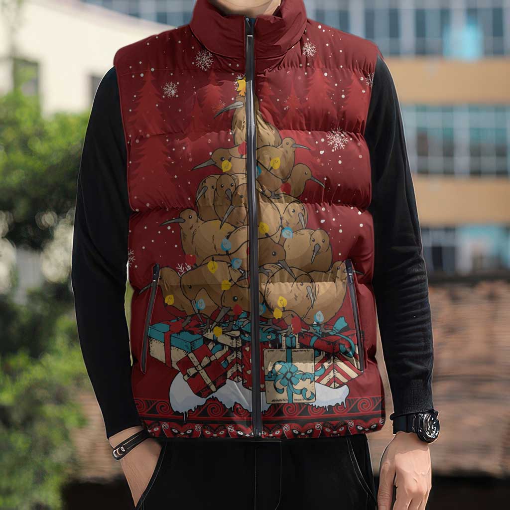 Funny Kiwi Bird Xmas Tree Sleeveless Puffer Jacket New Zealand Tribal Christmas Spirit - Aussie Hoodie