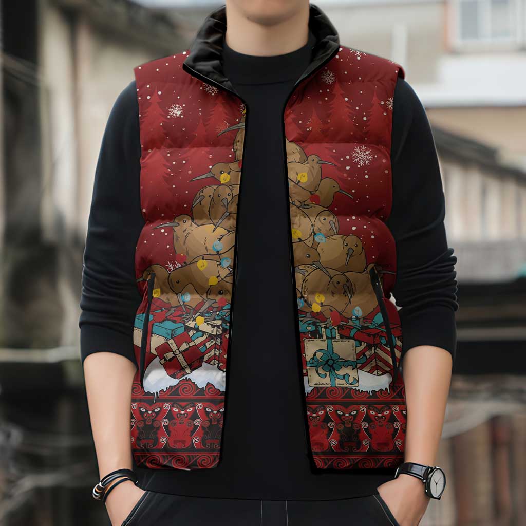 Funny Kiwi Bird Xmas Tree Sleeveless Puffer Jacket New Zealand Tribal Christmas Spirit - Aussie Hoodie