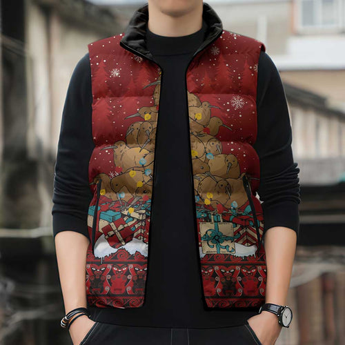 Funny Kiwi Bird Xmas Tree Sleeveless Puffer Jacket New Zealand Tribal Christmas Spirit - Aussie Hoodie