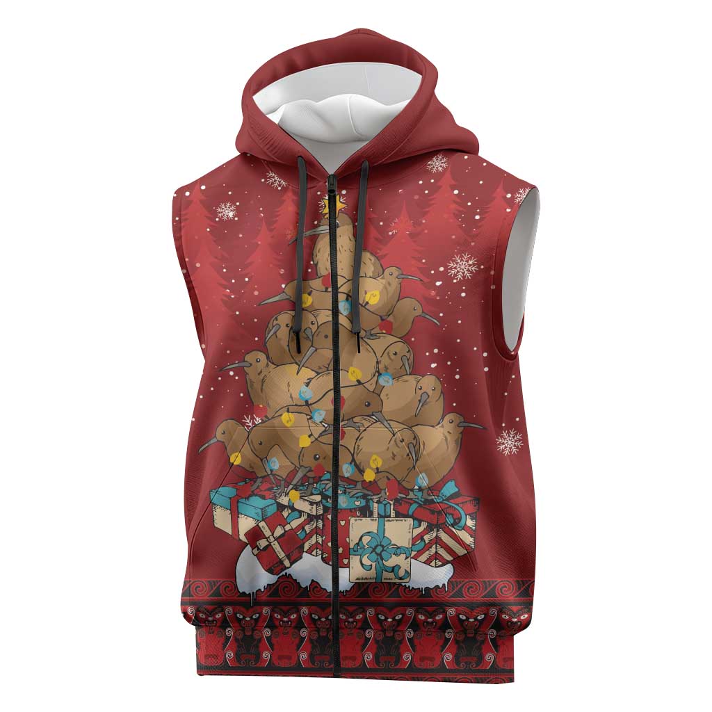 Funny Kiwi Bird Xmas Tree Sleeveless Zip Hoodie New Zealand Tribal Christmas Spirit - Aussie Hoodie