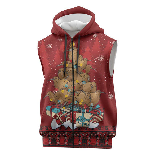 Funny Kiwi Bird Xmas Tree Sleeveless Zip Hoodie New Zealand Tribal Christmas Spirit - Aussie Hoodie