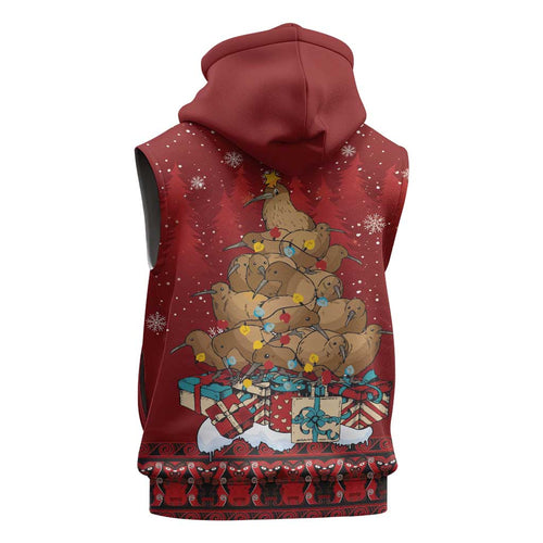 Funny Kiwi Bird Xmas Tree Sleeveless Zip Hoodie New Zealand Tribal Christmas Spirit - Aussie Hoodie