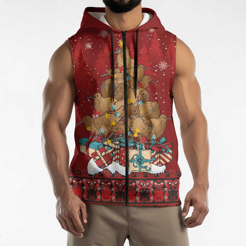 Funny Kiwi Bird Xmas Tree Sleeveless Zip Hoodie New Zealand Tribal Christmas Spirit - Aussie Hoodie