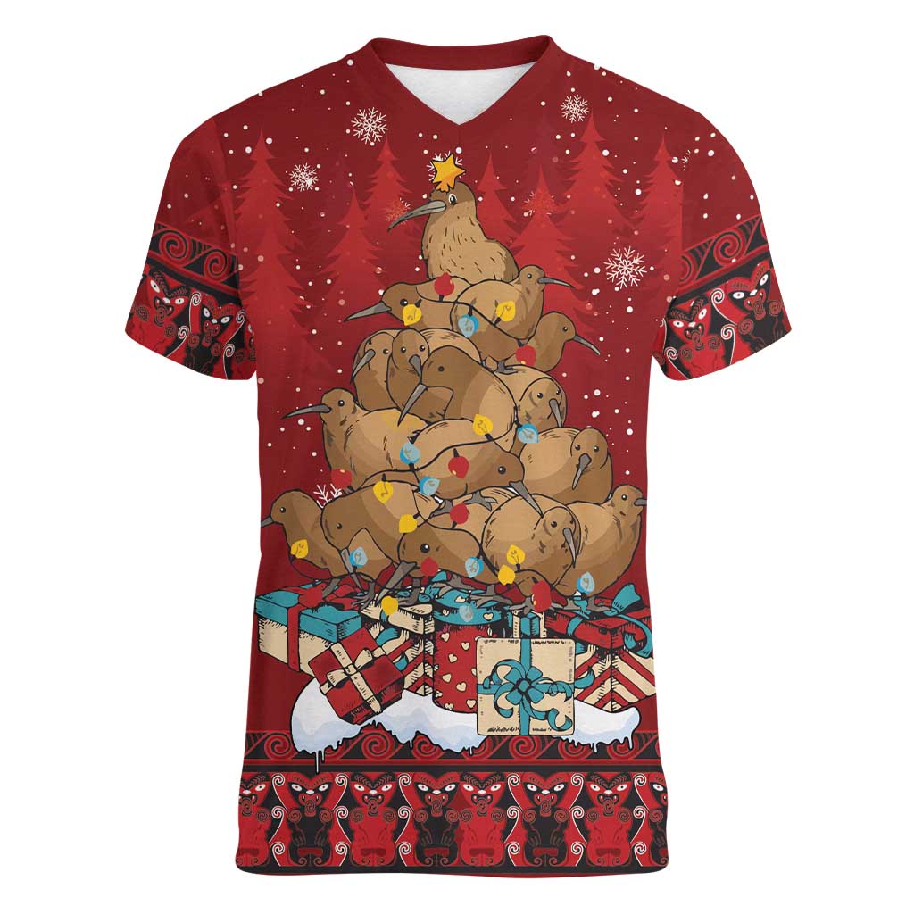 Funny Kiwi Bird Xmas Tree Women V-Neck T-Shirt New Zealand Tribal Christmas Spirit - Aussie Hoodie