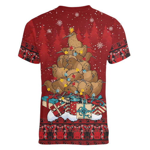 Funny Kiwi Bird Xmas Tree Women V-Neck T-Shirt New Zealand Tribal Christmas Spirit - Aussie Hoodie