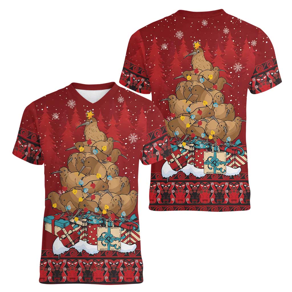 Funny Kiwi Bird Xmas Tree Women V-Neck T-Shirt New Zealand Tribal Christmas Spirit - Aussie Hoodie