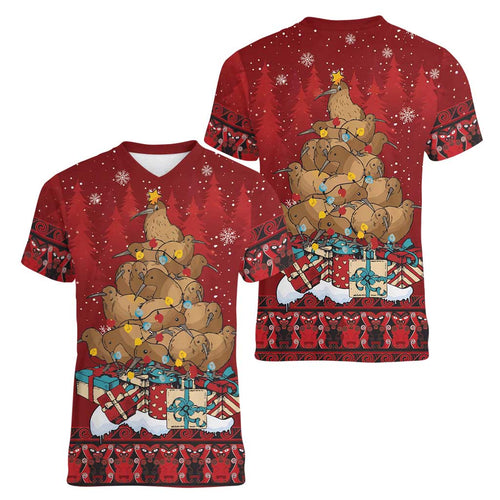 Funny Kiwi Bird Xmas Tree Women V-Neck T-Shirt New Zealand Tribal Christmas Spirit - Aussie Hoodie