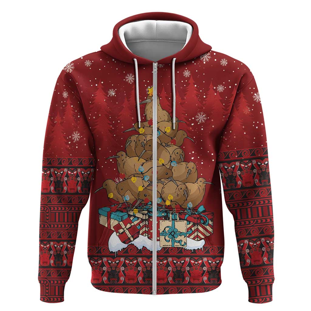 Funny Kiwi Bird Xmas Tree Zip Hoodie New Zealand Tribal Christmas Spirit - Aussie Hoodie
