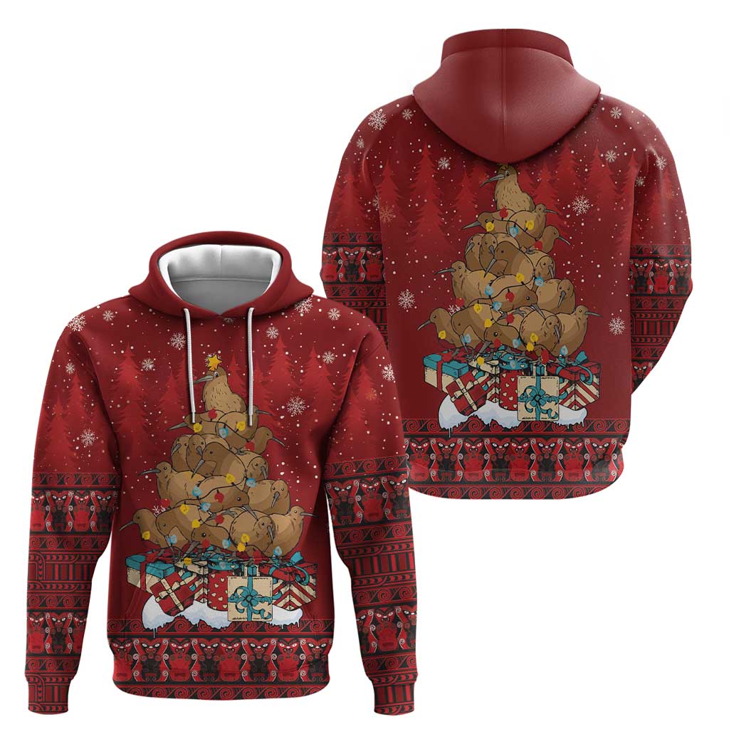 Funny Kiwi Bird Xmas Tree Zip Hoodie New Zealand Tribal Christmas Spirit - Aussie Hoodie