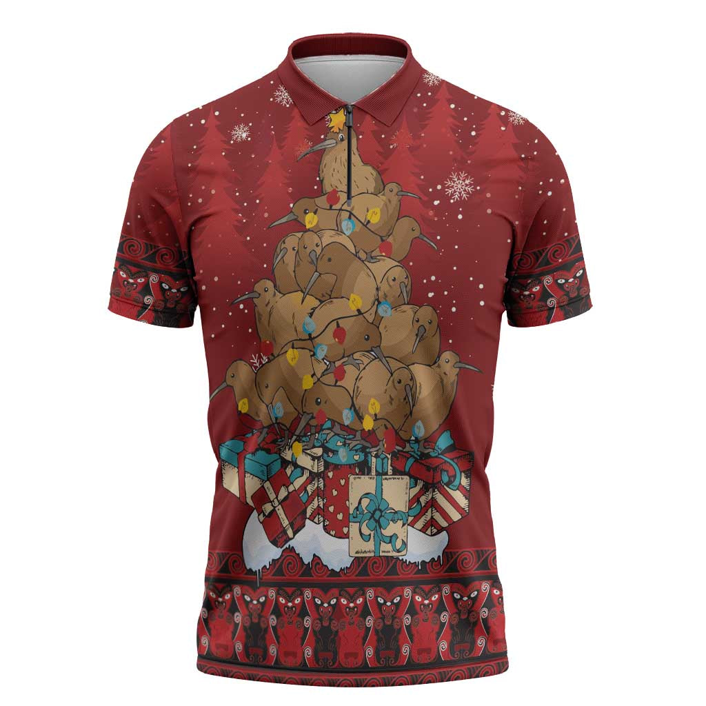 Funny Kiwi Bird Xmas Tree Zipper Polo Shirt New Zealand Tribal Christmas Spirit - Aussie Hoodie